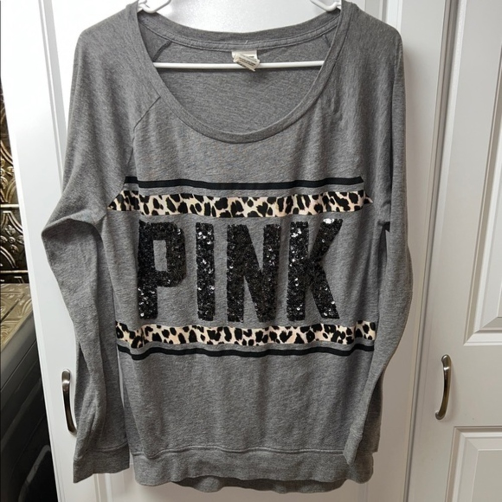 PINK Gray Long Sleeve Top , Leopard & Sequins, Medium